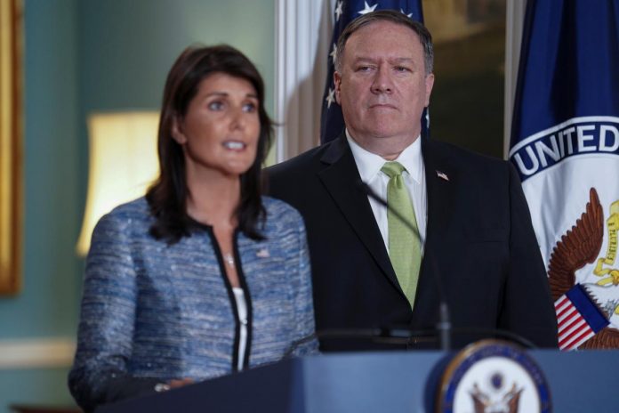 U.S. Ambassador to the United Nations Nikki Haley delivers remarks to the press together with U.S. Secretary of State Mike Pompeo, announcing the U.S.'s withdrawal from the U.N's Human Rights Council at the Department of State in Washington