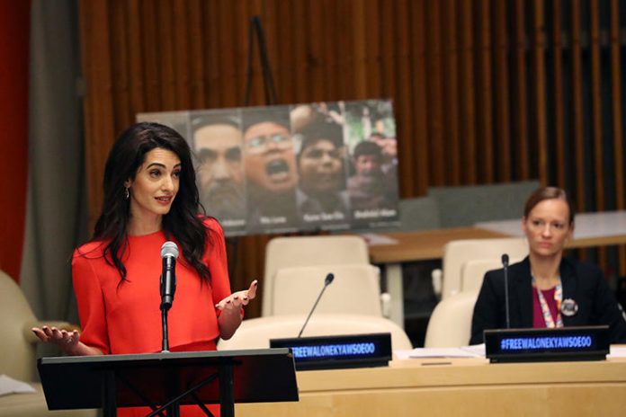 Amal Clooney speaks during the Press Behind Bars: Undermining Justice and Democracy Justice side event during the 73rd session of the United Nations General Assembly in New York
