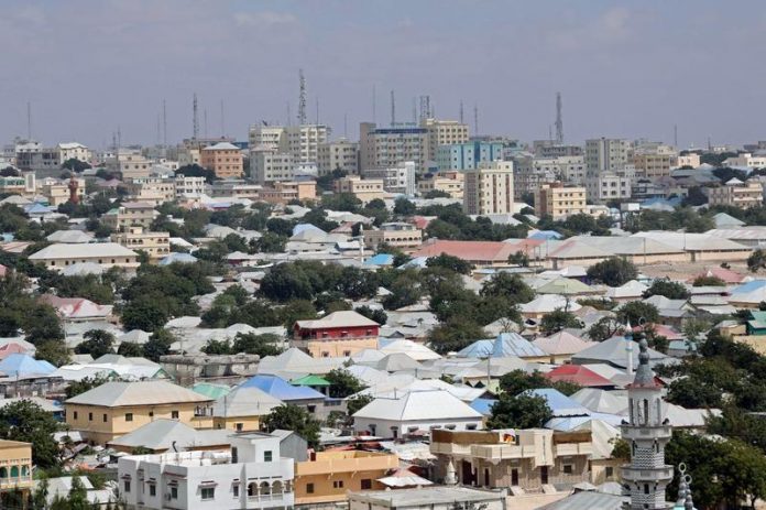 An aerial view shows the downtown of Mogadishu