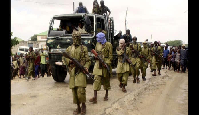 Members of the hardline Al Shabaab Islamist rebel group parade during a demonstration in Mogadishu